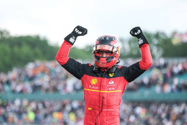 Race winner Carlos Sainz Junior ESP, Scuderia Ferrari 55 cheers after the race, British Grand Prix, Silverstone, motorsport, Formula 1, British Grand Prix, Silverstone, motorsport, Formula 1 Towcester Copyright: xEibner-Pressefotox EP_MKB