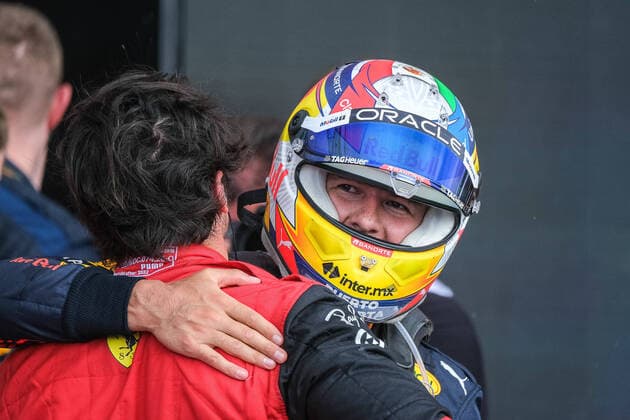Race winners Carlos Sainz Junior ESP, Scuderia Ferrari 55 and Sergio Checo Perez MEX, Oracle Red Bull Racing 11 after the race, British Grand Prix, Silverstone, Motorsport, Formula 1, British Grand Prix, Silverstone, Motorsport, Formula 1 Towcester Copyright: xEibner-Pressefotox EP_MKB