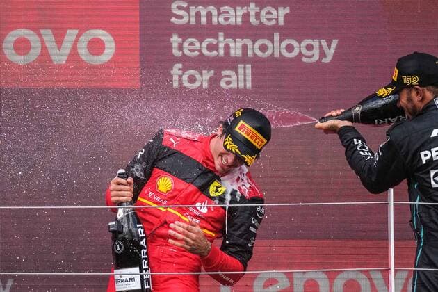 Lewis Hamilton UK, Mercedes AMG Petronas F1 Team 44 and Carlos Sainz Junior ESP, Scuderia Ferrari 55 on the podium, British Grand Prix, Silverstone, Motorsport, Formula 1, British Grand Prix, Silverstone, Motorsport, Formula 1 Towcester Copyright: xEibner-Pressefotox EP_MKB