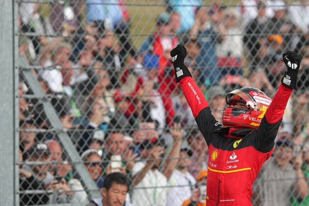3rd July 2022, Silverstone Circuit, Silverstone, Northamptonshire, England: British F1 Grand Prix, Race day: Scuderia Ferrari, Carlos Sainz wins the British GP and celebrates in parc ferme  ActionPlus12404819 Octane