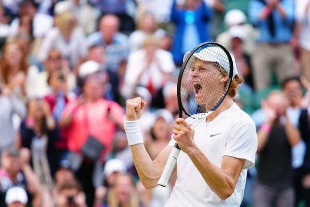 Mandatory Credit: Photo by Javier Garcia Shutterstock (13012857hw) Jannik Sinner celebrates victory in his fourth round match Wimbledon Tennis Championships, Day 7, The All England Lawn Tennis and Croquet Club, London, UK - 03 Jul 2022 Wimbledon Tennis Championships, Day 7, The All England Lawn Tennis and Croquet Club, London, UK - 03 Jul 2022  Copyright: xJavierxGarcia Shutterstockx 13012857hw