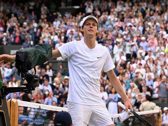 Tennis Championships - Week One - Day Seven - All England Lawn Tennis Club, Wimbledon - Sunday 3rd July 2022 Jannik Sinner (ITA) v Carlos Alcaraz (ESP) Jannik Sinner of Italy celebrates winning the match 