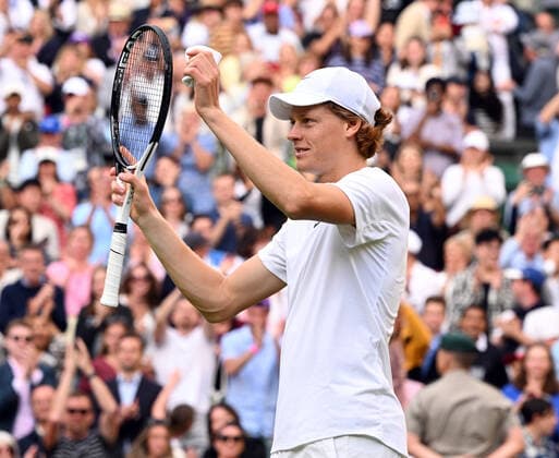 Tennis Championships - Week One - Day Seven - All England Lawn Tennis Club, Wimbledon - Sunday 3rd July 2022 Jannik Sinner (ITA) v Carlos Alcaraz (ESP) Jannik Sinner of Italy celebrates winning the match 