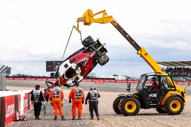 Damaged car of 24 Guanyu Zhou CHN, Alfa Romeo F1 Team ORLEN , F1 Grand Prix of Great Britain at Silverstone Circuit on July 3, 2022 in Silverstone, United Kingdom Photo by HOCH ZWEI Silverstone United Kingdom