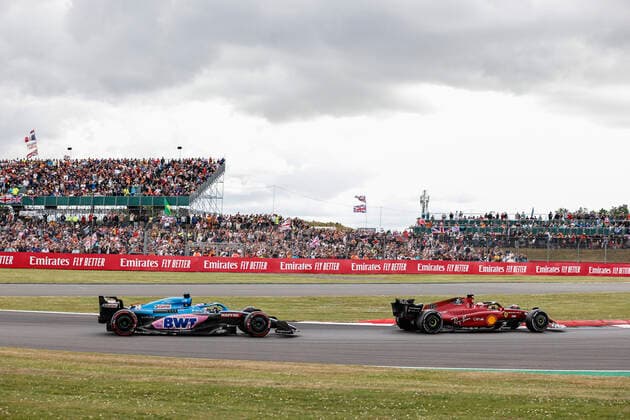 14 Fernando Alonso ESP, BWT Alpine F1 Team , 16 Charles Leclerc MCO, Scuderia Ferrari , F1 Grand Prix of Great Britain at Silverstone Circuit on July 3, 2022 in Silverstone, United Kingdom Photo by HOCH ZWEI Silverstone United Kingdom
