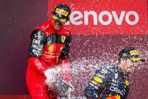 55 Carlos Sainz ESP, Scuderia Ferrari , 11 Sergio Perez MEX, Oracle Red Bull Racing , F1 Grand Prix of Great Britain at Silverstone Circuit on July 3, 2022 in Silverstone, United Kingdom Photo by HOCH ZWEI Silverstone United Kingdom