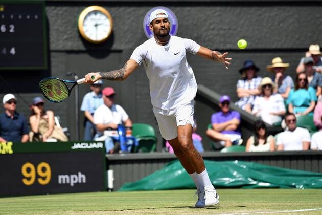 Mandatory Credit: Photo by James Veysey Shutterstock (13012861ay) Nick Kyrgios during his fourth round match Wimbledon Tennis Championships, Day 8, The All England Lawn Tennis and Croquet Club, London, UK - 04 Jul 2022 Wimbledon Tennis Championships, Day 8, The All England Lawn Tennis and Croquet Club, London, UK - 04 Jul 2022  Copyright: xJamesxVeysey Shutterstockx 13012861ay