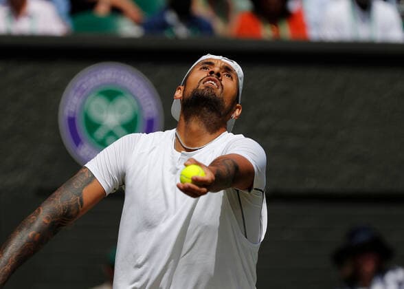 4th July 2022, All England Lawn Tennis and Croquet Club, London, England; Wimbledon Tennis tournament; Nick Kyrgios (AUS) serves to Brandon Nakashima (USA)  ActionPlus12405075 JohnxPatrickxFletcher