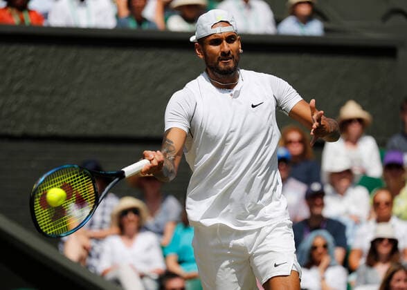 4th July 2022, All England Lawn Tennis and Croquet Club, London, England; Wimbledon Tennis tournament; Nick Kyrgios (AUS) plays a forehand to Brandon Nakashima (USA)  ActionPlus12405086 JohnxPatrickxFletcher