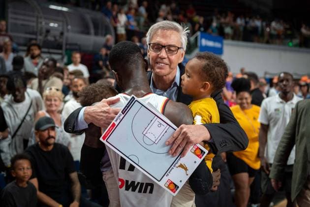Basketball Bremen 03 07 2022 FIBA Basketball Worldcup European Qualifiers Germany GER Poland POL Dennis Schröder Schroeder Germany, No 17 Schröder Schroder with his children is embraced by Gordon Herbert Germany, national coach