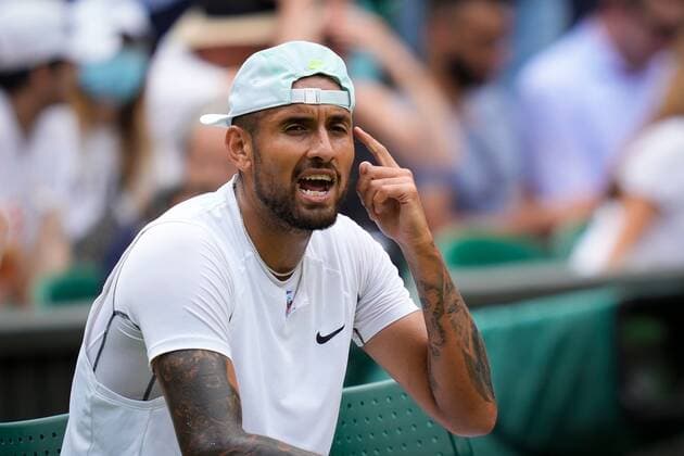 Mandatory Credit: Photo by Dave Shopland Shutterstock (13012860ba) Nick Kyrgios reacts during his fourth round match Wimbledon Tennis Championships, Day 8, The All England Lawn Tennis and Croquet Club, London, UK - 04 Jul 2022 Wimbledon Tennis Championships, Day 8, The All England Lawn Tennis and Croquet Club, London, UK - 04 Jul 2022  Copyright: xDavexShopland Shutterstockx 13012860ba