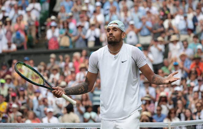 Australian Nick Kyrgios in action in his fourth round match against American Brandon Nakashima on day eight of the 2022 Wimbledon championships in London on Monday, July 04, 2022.  LON2022070431 HUGOxPHILPOTT