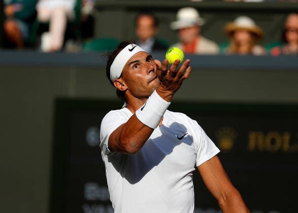 4th July 2022, All England Lawn Tennis and Croquet Club, London, England; Wimbledon Tennis tournament; Rafael Nadal (ESP) serves to Botic Van De Zandschulp (NED)  ActionPlus12405182 JohnxPatrickxFletcher