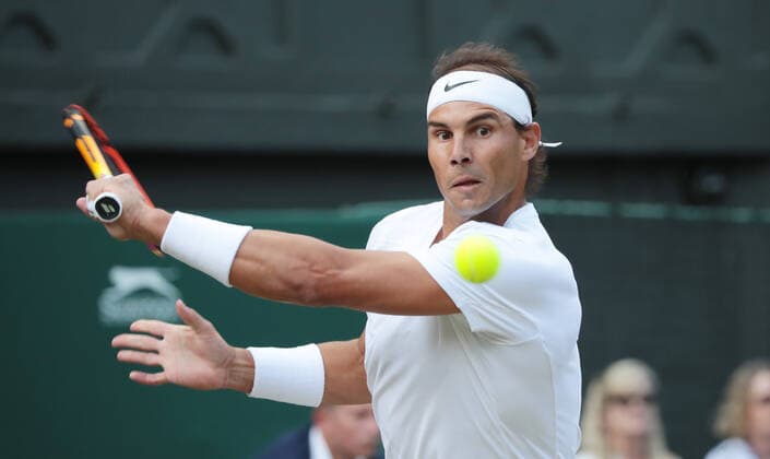 Spain s Rafael Nadal in action in his fourth round match against Netherland s Botic Van De Zandschulp on day eight of the 2022 Wimbledon championships in London on Monday, July 04, 2022.  LON2022070455 HUGOxPHILPOTT