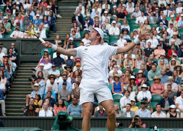 4th July 2022, All England Lawn Tennis and Croquet Club, London, England; Wimbledon Tennis tournament; Botic Van De Zandschulp (NED) plays a backhand to Rafael Nadal (ESP)  ActionPlus12405213 JohnxPatrickxFletcher