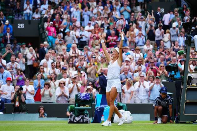 Mandatory Credit: Photo by Javier Garcia Shutterstock (13012869bh) Tatjana Maria celebrates victory in her quarter-final match Wimbledon Tennis Championships, Day 9, The All England Lawn Tennis and Croquet Club, London, UK - 05 Jul 2022 Wimbledon Tennis Championships, Day 9, The All England Lawn Tennis and Croquet Club, London, UK - 05 Jul 2022  Copyright: xJavierxGarcia Shutterstockx 13012869bh