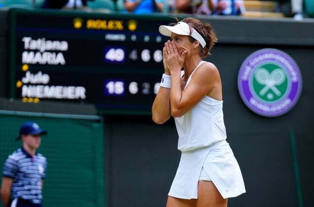 Mandatory Credit: Photo by Javier Garcia Shutterstock (13012869bq) Tatjana Maria celebrates victory in her quarter-final match Wimbledon Tennis Championships, Day 9, The All England Lawn Tennis and Croquet Club, London, UK - 05 Jul 2022 Wimbledon Tennis Championships, Day 9, The All England Lawn Tennis and Croquet Club, London, UK - 05 Jul 2022  Copyright: xJavierxGarcia Shutterstockx 13012869bq