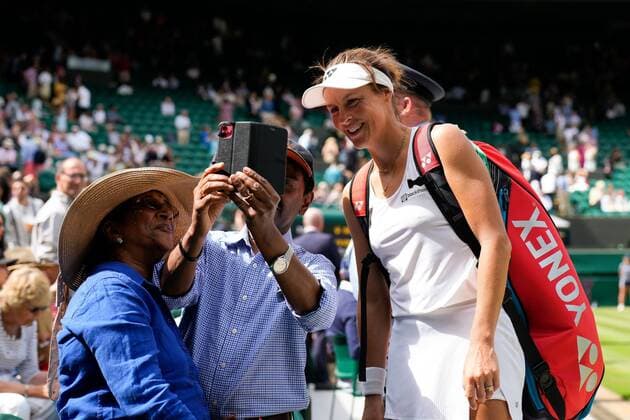 Mandatory Credit: Photo by Dave Shopland Shutterstock (13012866ax) Tatjana Maria celebrates winning her quarter final match Wimbledon Tennis Championships, Day 9, The All England Lawn Tennis and Croquet Club, London, UK - 05 Jul 2022 Wimbledon Tennis Championships, Day 9, The All England Lawn Tennis and Croquet Club, London, UK - 05 Jul 2022  Copyright: xDavexShopland Shutterstockx 13012866ax