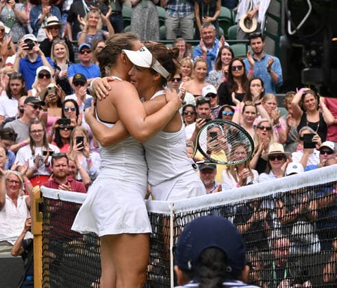 Tennis Championships - Week One - Day Eight - All England Lawn Tennis Club, Wimbledon - Tuesday 5th July 2022 Womens Singles Tatjana Maria (GER) v Jule Niemeier (GER) Winner, Tatjana Maria of Germany meets at the net with Jule Niemeier after the match 