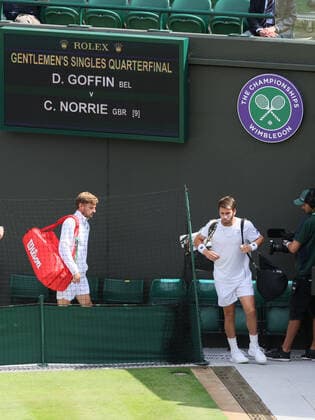 Belgian David Goffin and UK Cameron Norrie pictured before the start of their tennis match in the 1 8 finals of the men s singles tournament at the 2022 Wimbledon grand slam tennis tournament at the All England Tennis Club, in south-west London, Britain, Tuesday 05 July 2022. BENOITxDOPPAGNE  x37031974x