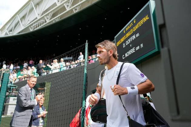 Mandatory Credit: Photo by Dave Shopland Shutterstock (13012866bb) Cameron Norrie walks on out for his quarter final match Wimbledon Tennis Championships, Day 9, The All England Lawn Tennis and Croquet Club, London, UK - 05 Jul 2022 Wimbledon Tennis Championships, Day 9, The All England Lawn Tennis and Croquet Club, London, UK - 05 Jul 2022  Copyright: xDavexShopland Shutterstockx 13012866bb