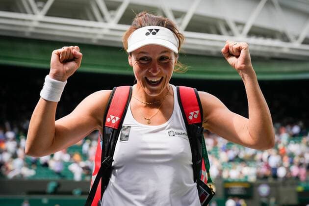 Mandatory Credit: Photo by Dave Shopland Shutterstock (13012866bc) Tatjana Maria celebrates winning her quarter final match Wimbledon Tennis Championships, Day 9, The All England Lawn Tennis and Croquet Club, London, UK - 05 Jul 2022 Wimbledon Tennis Championships, Day 9, The All England Lawn Tennis and Croquet Club, London, UK - 05 Jul 2022  Copyright: xDavexShopland Shutterstockx 13012866bc