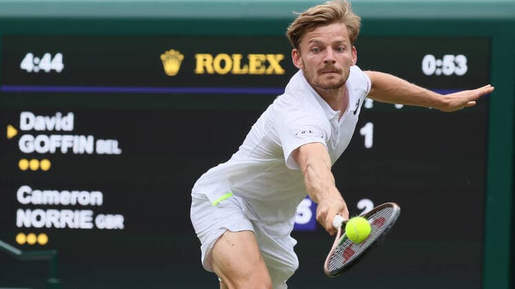 Belgian David Goffin pictured in action during a tennis match against UK Norrie in the 1 8 finals of the men s singles tournament at the 2022 Wimbledon grand slam tennis tournament at the All England Tennis Club, in south-west London, Britain, Tuesday 05 July 2022. BENOITxDOPPAGNE  x37035506x