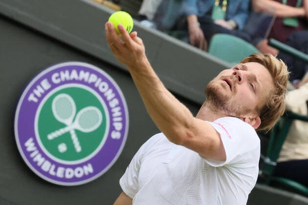 Belgian David Goffin pictured in action during a tennis match against UK Norrie in the 1 8 finals of the men s singles tournament at the 2022 Wimbledon grand slam tennis tournament at the All England Tennis Club, in south-west London, Britain, Tuesday 05 July 2022. BENOITxDOPPAGNE  x37036193x