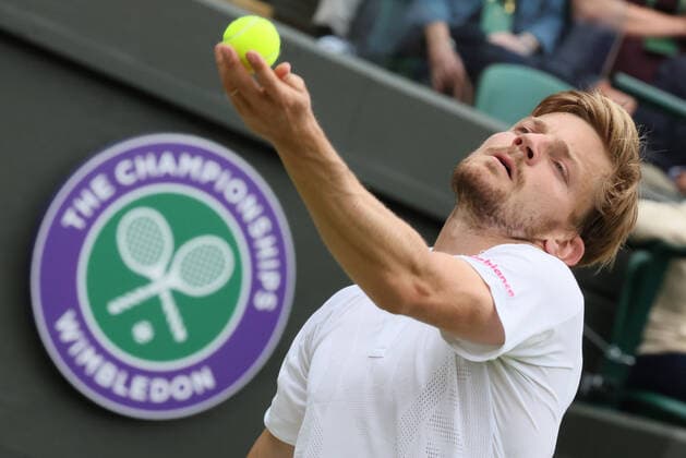 Belgian David Goffin pictured in action during a tennis match against UK Norrie in the 1 8 finals of the men s singles tournament at the 2022 Wimbledon grand slam tennis tournament at the All England Tennis Club, in south-west London, Britain, Tuesday 05 July 2022. BENOITxDOPPAGNE  x37036199x