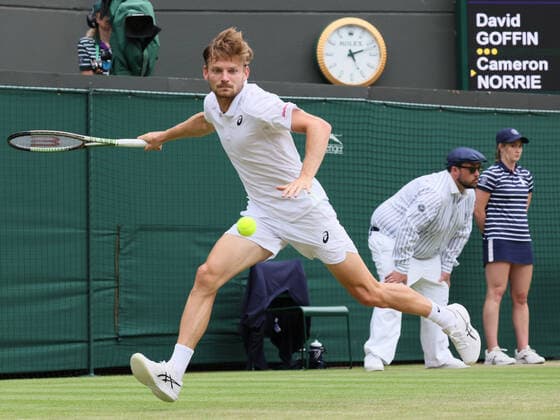 Belgian David Goffin pictured in action during a tennis match against UK Norrie in the 1 8 finals of the men s singles tournament at the 2022 Wimbledon grand slam tennis tournament at the All England Tennis Club, in south-west London, Britain, Tuesday 05 July 2022. BENOITxDOPPAGNE  x37036204x