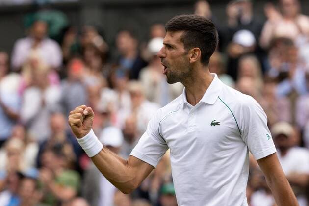 Mandatory Credit: Photo by Ella Ling Shutterstock (13012864cv) Novak Djokovic celebrates winning his quarter final match Wimbledon Tennis Championships, Day 9, The All England Lawn Tennis and Croquet Club, London, UK - 05 Jul 2022 Wimbledon Tennis Championships, Day 9, The All England Lawn Tennis and Croquet Club, London, UK - 05 Jul 2022  Copyright: xEllaxLing Shutterstockx 13012864cv