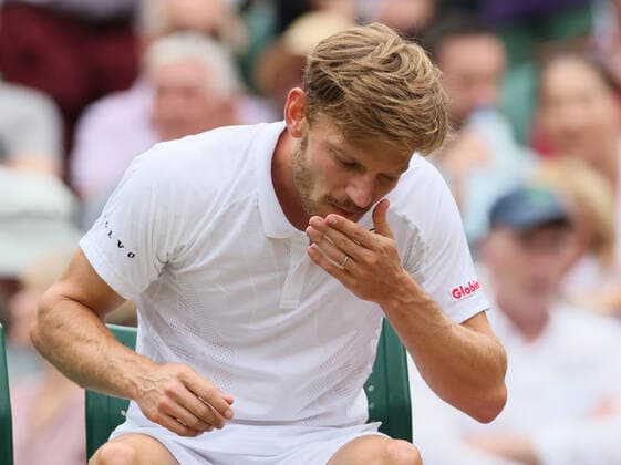 Belgian David Goffin reacts during a tennis match against UK Norrie in the 1 8 finals of the men s singles tournament at the 2022 Wimbledon grand slam tennis tournament at the All England Tennis Club, in south-west London, Britain, Tuesday 05 July 2022. BENOITxDOPPAGNE  x37036332x