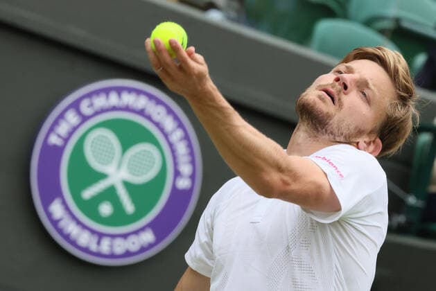 Belgian David Goffin pictured in action during a tennis match against UK Norrie in the 1 8 finals of the men s singles tournament at the 2022 Wimbledon grand slam tennis tournament at the All England Tennis Club, in south-west London, Britain, Tuesday 05 July 2022. BENOITxDOPPAGNE  x37036350x