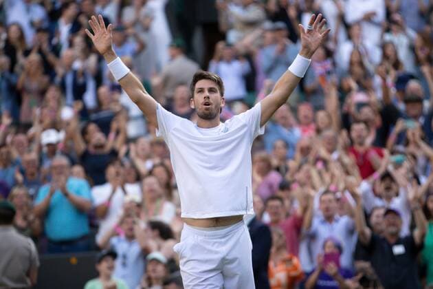 Mandatory Credit: Photo by Ella Ling Shutterstock (13012864ew) Cameron Norrie celebrates winning his quarter final match Wimbledon Tennis Championships, Day 9, The All England Lawn Tennis and Croquet Club, London, UK - 05 Jul 2022 Wimbledon Tennis Championships, Day 9, The All England Lawn Tennis and Croquet Club, London, UK - 05 Jul 2022  Copyright: xEllaxLing Shutterstockx 13012864ew