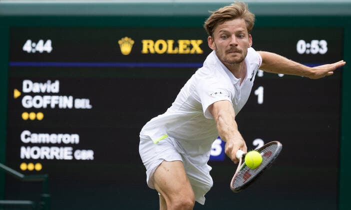 Belgian David Goffin pictured in action during a tennis match against UK Norrie in the 1 8 finals of the men s singles tournament at the 2022 Wimbledon grand slam tennis tournament at the All England Tennis Club, in south-west London, Britain, Tuesday 05 July 2022. BENOITxDOPPAGNE  x37046884x