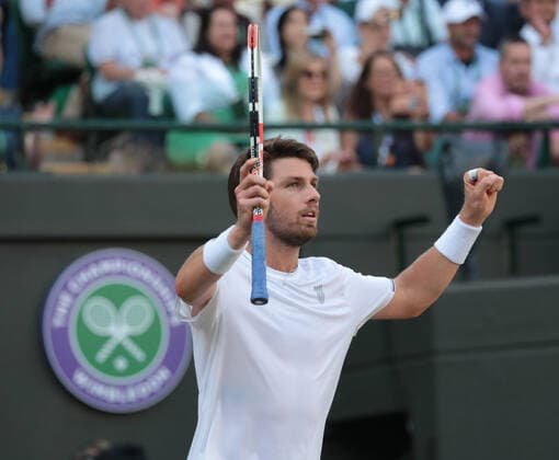 Cameron Norrie (GBR) celebrates after defeating David Goffin (BEL) during the Mens Singles Quarter-Final Match on No.1 Court on Day 9 of The Championships Wimbledon 2022 at All England Lawn Tennis and Croquet Club on July 5, 2022 in London, England.  Copyright: xx