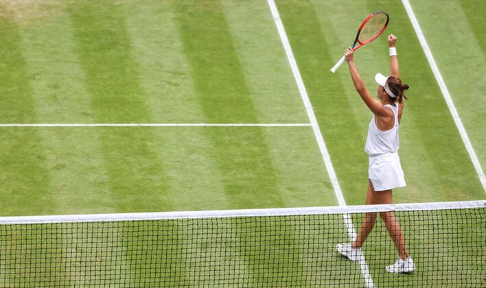 (220706) -- LONDON, July 6, 2022 -- Tatjana Maria of Germany celebrates after winning the women s singles quarter-final match against her compatriot Jule Niemeier at Wimbledon Tennis Championship in London, Britain, on July 5, 2022. ) (SP)BRITAIN-LONDON-TENNIS-WIMBLEDON-WOMEN S SINGLES-QUARTERFINALS HanxYan 