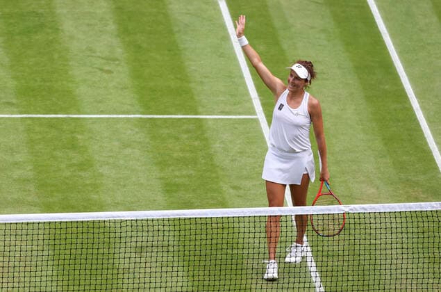 (220706) -- LONDON, July 6, 2022 -- Tatjana Maria of Germany celebrates after winning the women s singles quarter-final match against her compatriot Jule Niemeier at Wimbledon Tennis Championship in London, Britain, on July 5, 2022. ) (SP)BRITAIN-LONDON-TENNIS-WIMBLEDON-WOMEN S SINGLES-QUARTERFINALS HanxYan 