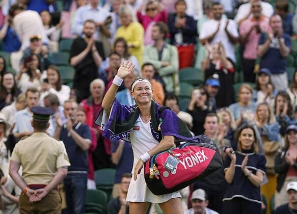 Tennis: Wimbledon championships Marie Bouzkova of the Czech Republic waves to the crowd after being defeated by Ons Jabeur of Tunisia in the quarterfinals of the Wimbledon tennis tournament in London on July 5, 2022.  A14AA0001310904P
