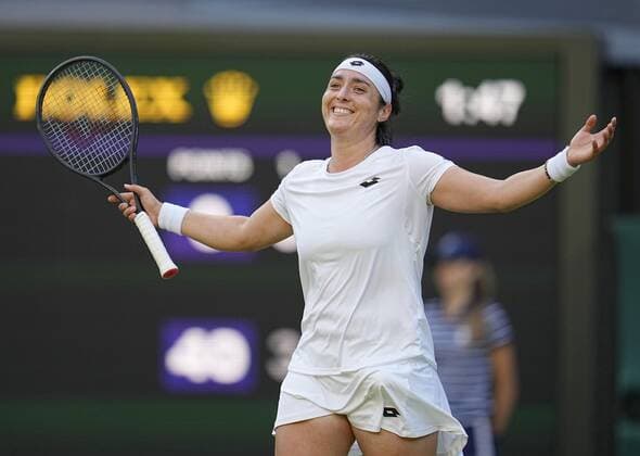 Tennis: Wimbledon championships Ons Jabeur of Tunisia celebrates after defeating Marie Bouzkova of the Czech Republic in the quarterfinals of the Wimbledon tennis tournament in London on July 5, 2022.  A14AA0001310932P