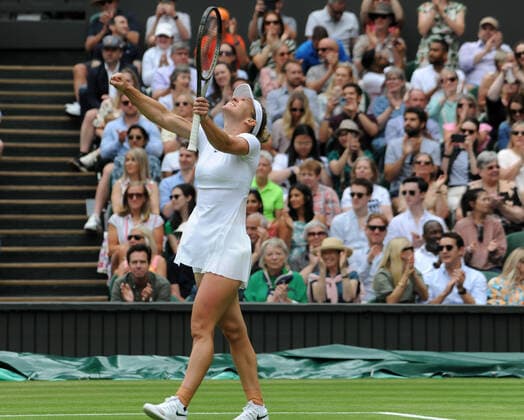 Tennis Championships - Week One - Day Ten - All England Lawn Tennis Club, Wimbledon - Wednesday 6th July 2022 Womens Singles. Simona Halep (ROU) v Amanda Anisimova (USA) Simona Halep celebrates match point 