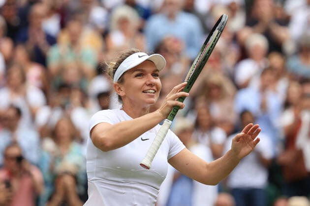 Tennis Wimbledon Tag 10 6. Juli 2022 Tennis Wimbledon Tag 10 Simona Halep ROU feiert ihren Sieg über Amanda Anisimova USA im Viertelfinale des Dameneinzelspiels Foto Simon Stacpoole Abseits London UK  Copyright: xSimonxStacpoolexOffside
