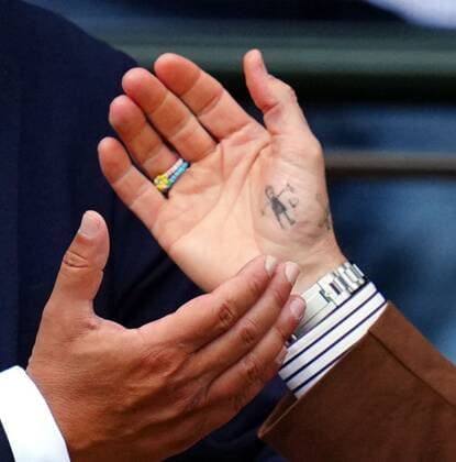 Mandatory Credit: Photo by Javier Garcia Shutterstock (13018042dv) The hand tattoo of David Beckham in the Royal Box on Centre Court Wimbledon Tennis Championships, Day 10, The All England Lawn Tennis and Croquet Club, London, UK - 06 Jul 2022 Wimbledon Tennis Championships, Day 10, The All England Lawn Tennis and Croquet Club, London, UK - 06 Jul 2022  Copyright: xJavierxGarcia Shutterstockx 13018042dv