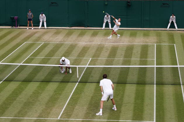 6th July 2022, All England Lawn Tennis and Croquet Club, London, England; Wimbledon Tennis tournament; Joe Salisbury (GBR) serves to Edouard Roger-Vasselin (FRA)  ActionPlus12405404 JohnxPatrickxFletcher