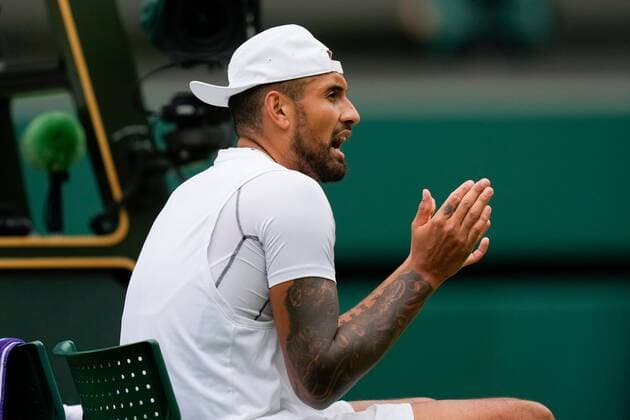 Mandatory Credit: Photo by Dave Shopland Shutterstock (13018039aa) Nick Kyrgios during his quarter final match Wimbledon Tennis Championships, Day 10, The All England Lawn Tennis and Croquet Club, London, UK - 06 Jul 2022 Wimbledon Tennis Championships, Day 10, The All England Lawn Tennis and Croquet Club, London, UK - 06 Jul 2022  Copyright: xDavexShopland Shutterstockx 13018039aa