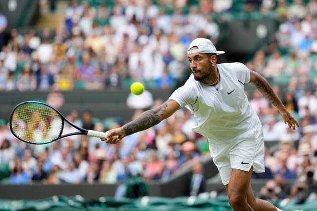 Mandatory Credit: Photo by Dave Shopland Shutterstock (13018039am) Nick Kyrgios during his quarter final match Wimbledon Tennis Championships, Day 10, The All England Lawn Tennis and Croquet Club, London, UK - 06 Jul 2022 Wimbledon Tennis Championships, Day 10, The All England Lawn Tennis and Croquet Club, London, UK - 06 Jul 2022  Copyright: xDavexShopland Shutterstockx 13018039am