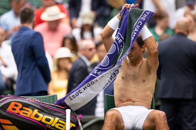 Mandatory Credit: Photo by Ella Ling Shutterstock (13018040bd) Rafael Nadal during his quarter final match Wimbledon Tennis Championships, Day 10, The All England Lawn Tennis and Croquet Club, London, UK - 06 Jul 2022 Wimbledon Tennis Championships, Day 10, The All England Lawn Tennis and Croquet Club, London, UK - 06 Jul 2022  Copyright: xEllaxLing Shutterstockx 13018040bd