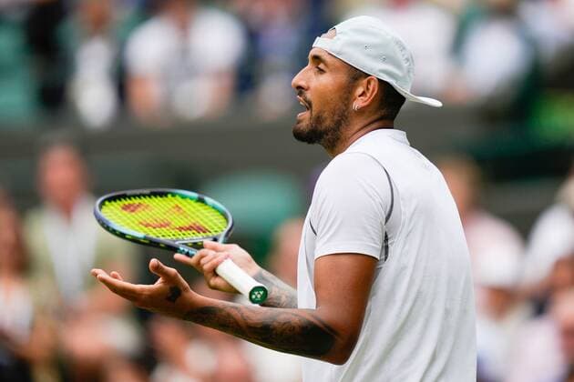 Mandatory Credit: Photo by Dave Shopland Shutterstock (13018039be) Nick Kyrgios reacts during his quarter final match Wimbledon Tennis Championships, Day 10, The All England Lawn Tennis and Croquet Club, London, UK - 06 Jul 2022 Wimbledon Tennis Championships, Day 10, The All England Lawn Tennis and Croquet Club, London, UK - 06 Jul 2022  Copyright: xDavexShopland Shutterstockx 13018039be