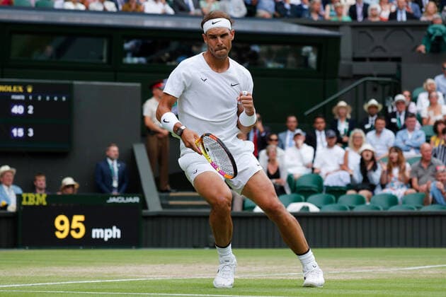 6th July 2022, All England Lawn Tennis and Croquet Club, London, England; Wimbledon Tennis tournament; Rafael Nadal (ESP) celebrates winning a vital point against Taylor Fritz (USA)  ActionPlus12405477 JohnxPatrickxFletcher