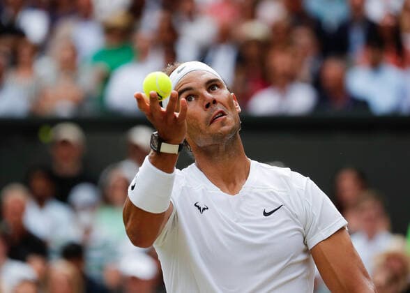 6th July 2022, All England Lawn Tennis and Croquet Club, London, England; Wimbledon Tennis tournament; Rafael Nadal (ESP) serves to Taylor Fritz (USA)  ActionPlus12405483 JohnxPatrickxFletcher